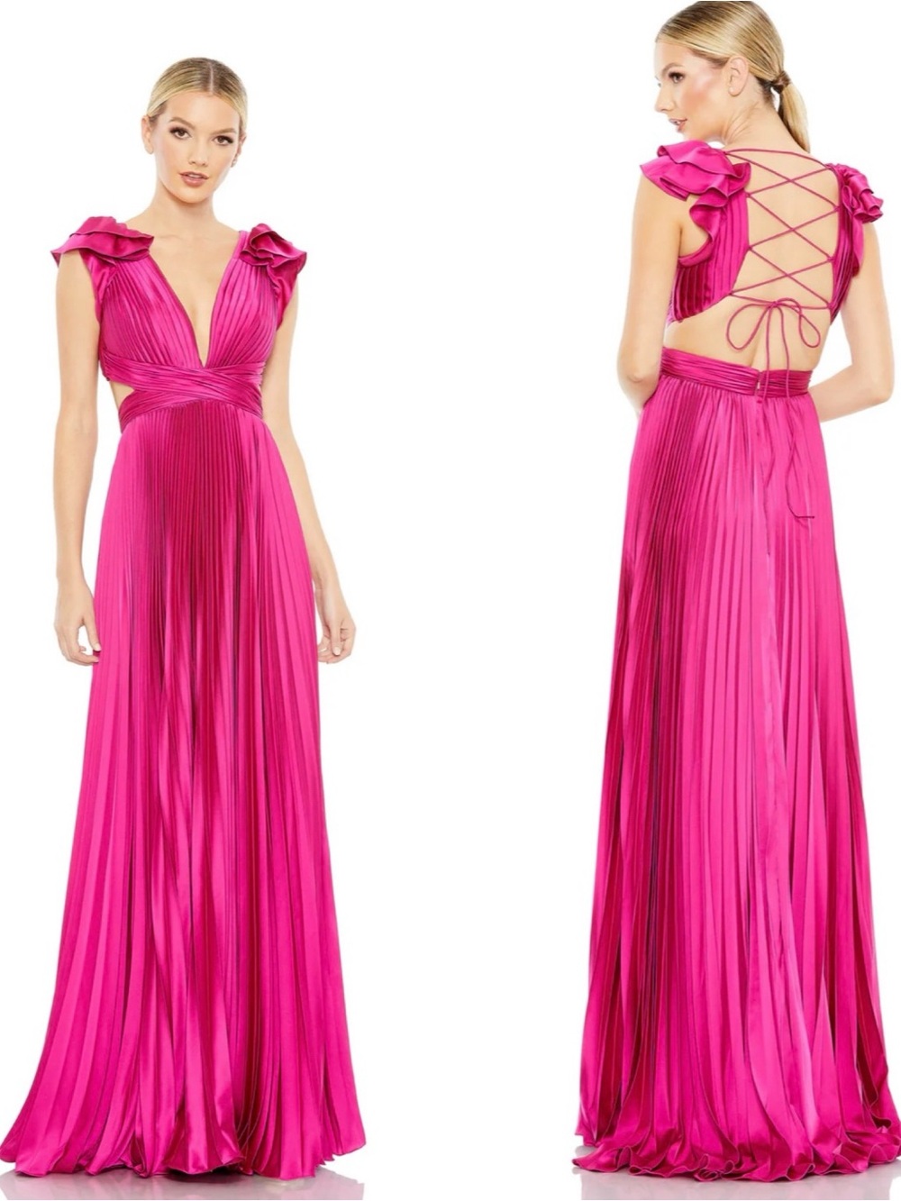 NWT Mac Duggal leena Pleated Ruffled Cap Sleeve Cut Out Lace Up Gown. Size 2